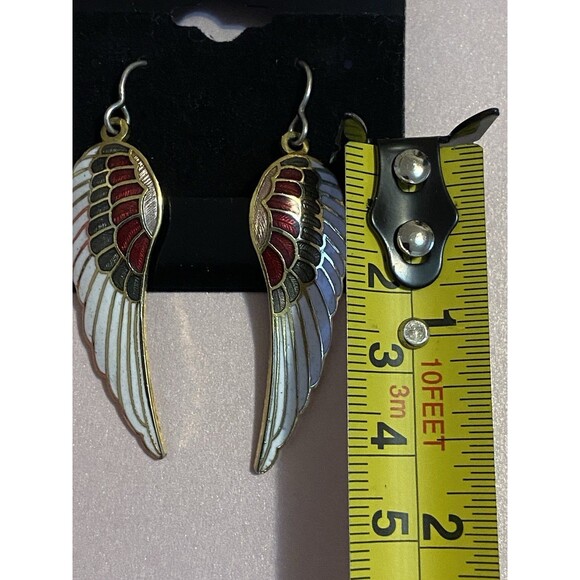 Angel Wing Drop Earrings Cloisonne Enamel Dangle White Red Green - Picture 9 of 9